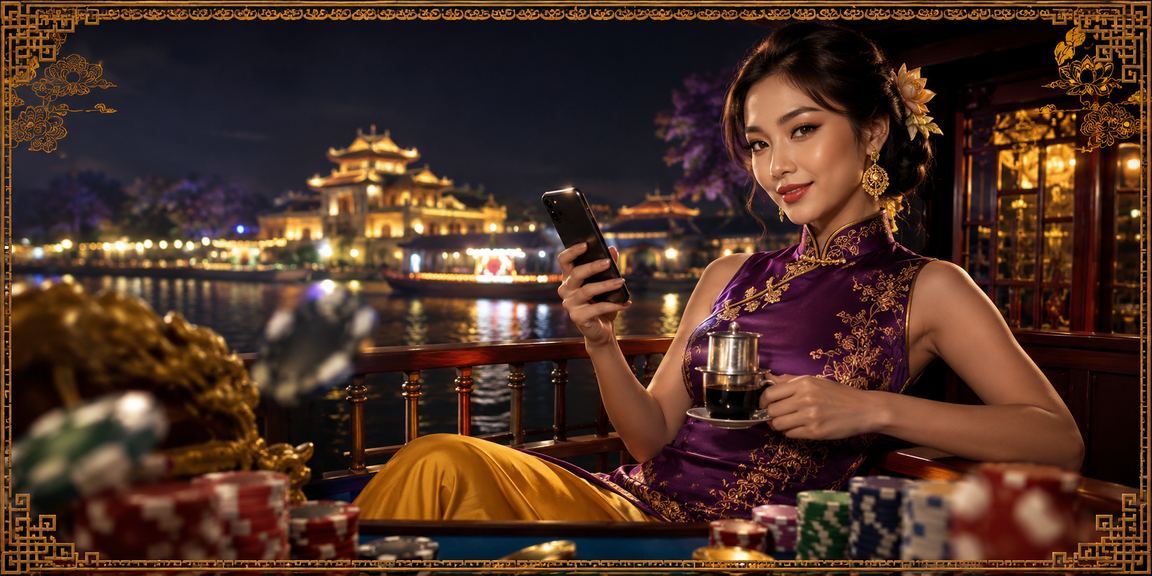 Người dùng Huế trải nghiệm casino mobile trên điện thoại tại quán cà phê buổi tối